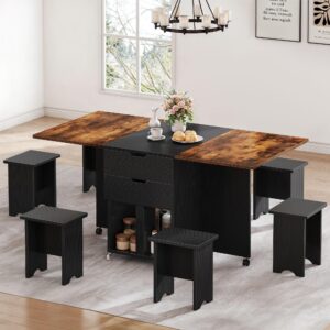 DWVO 7 Pieces Folding Extendable Dining Table Set with 6 Chairs for 6 Peoples 66.9" Drop Leaf Wood Kitchen Dining Room Table Set with 2 Storage Drawers & Wheel for Small Space Saving Rustic Brown