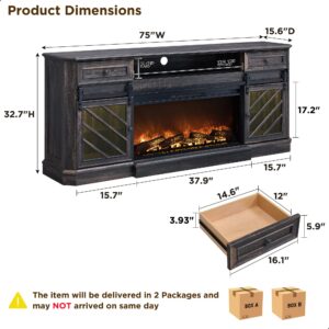 RedLemon Farmhouse Fireplace TV Stand for 85 Inch TV, 32” Tall Highboy Entertainment Center w/36” Electric Fireplace, Modern Media Console w/Drawers Storage for Living Room, Dark Rustic Oak