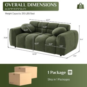 Wrofly Boucle Loveseat Sofa, 64.5" Comfy Tufted Upholstered Sherpa Deep Seat Cloud Couch, Modern Small Cozy Teddy 2 Seater Love Seat with 2 Pillows for Living Room Apartment Bedroom, Olive Green