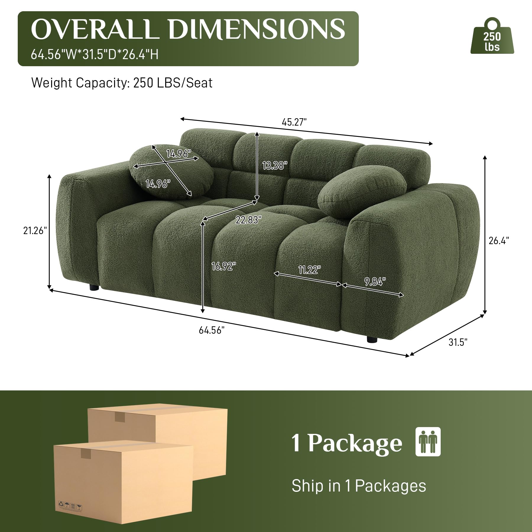 Wrofly Boucle Loveseat Sofa, 64.5" Comfy Tufted Upholstered Sherpa Deep Seat Cloud Couch, Modern Small Cozy Teddy 2 Seater Love Seat with 2 Pillows for Living Room Apartment Bedroom, Olive Green