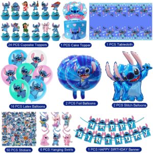 Stitch Party Supplies, 103PCS Birthday Decorations Set Include Banner, Balloons, Stickers, Hanging Swirls, Cake Cupcake Toppers, Tablecloth for Boys Girls Stitch Theme Party