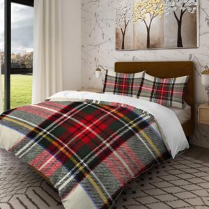 batmerry scottish tartan king size 3 pieces bedding comforter cover sets, soft fluffy green wool plaid symmetric square fashion 100% cotton printed duvet cover for all season