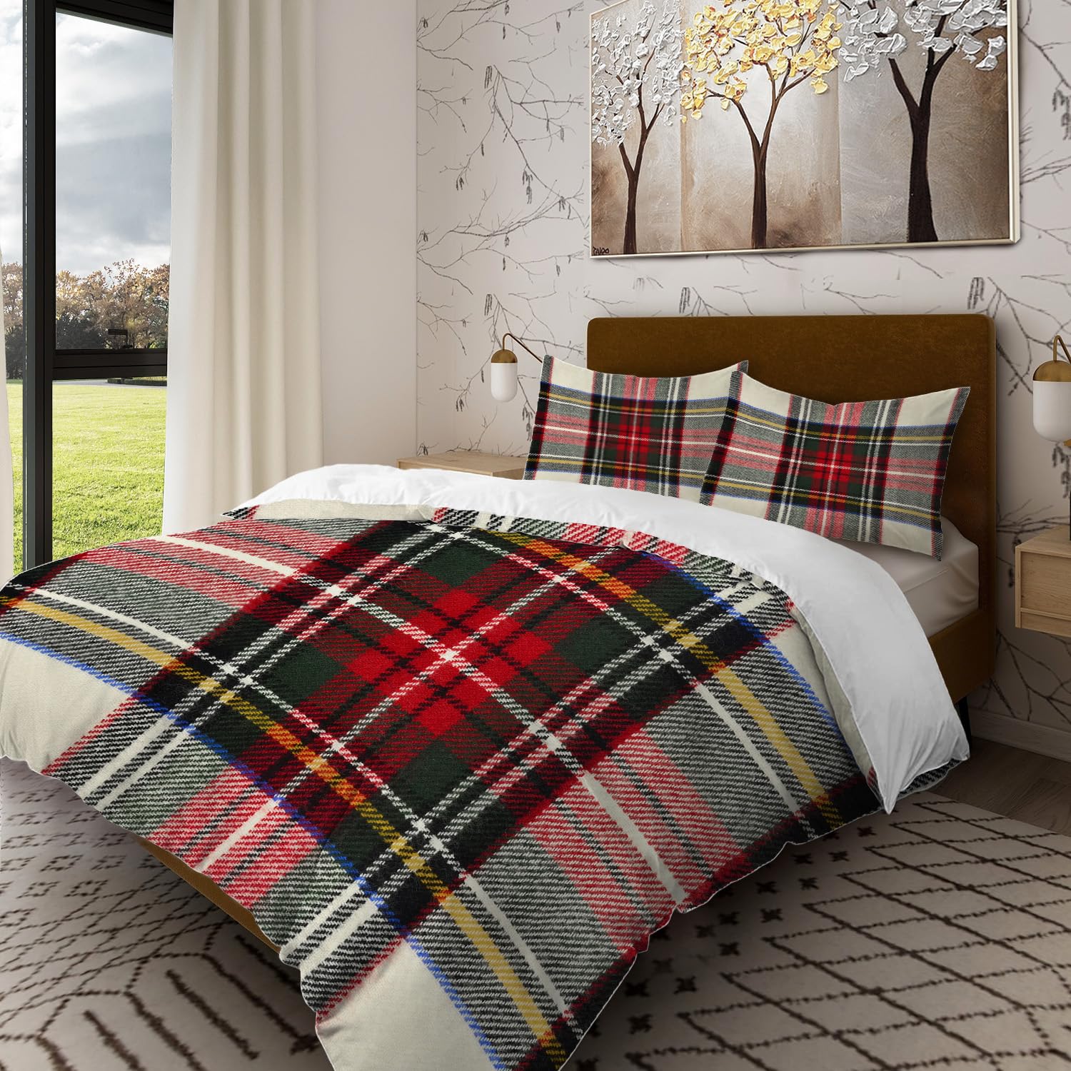 Batmerry Scottish Tartan King Size 3 Pieces Bedding Comforter Cover Sets, Soft Fluffy Green Wool Plaid Symmetric Square Fashion 100% Cotton Printed Duvet Cover for All Season