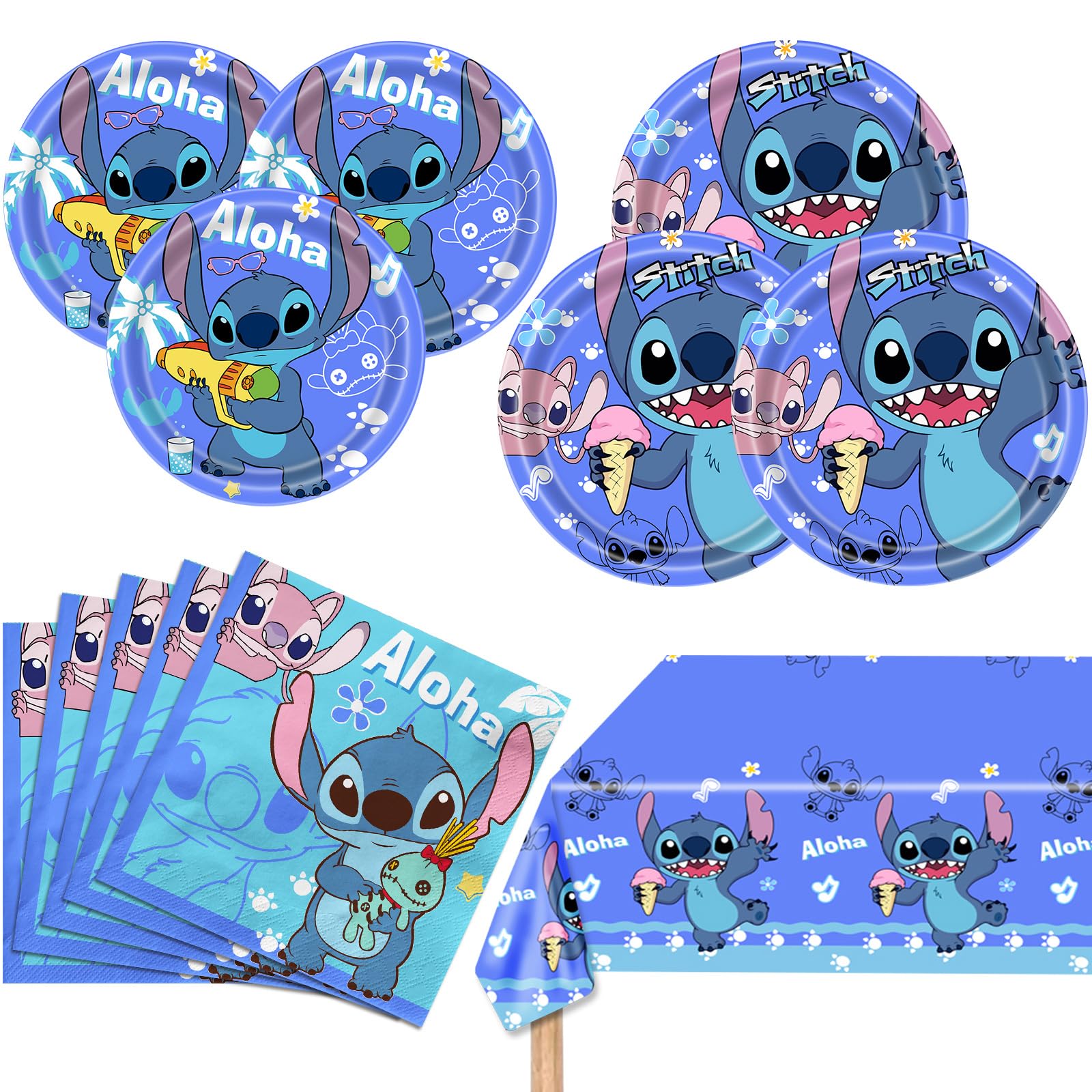 Stitch Party Supplies, 16 Plates, 20 Napkins and 1 Tablecover for Stitch Birthday Party Decorations