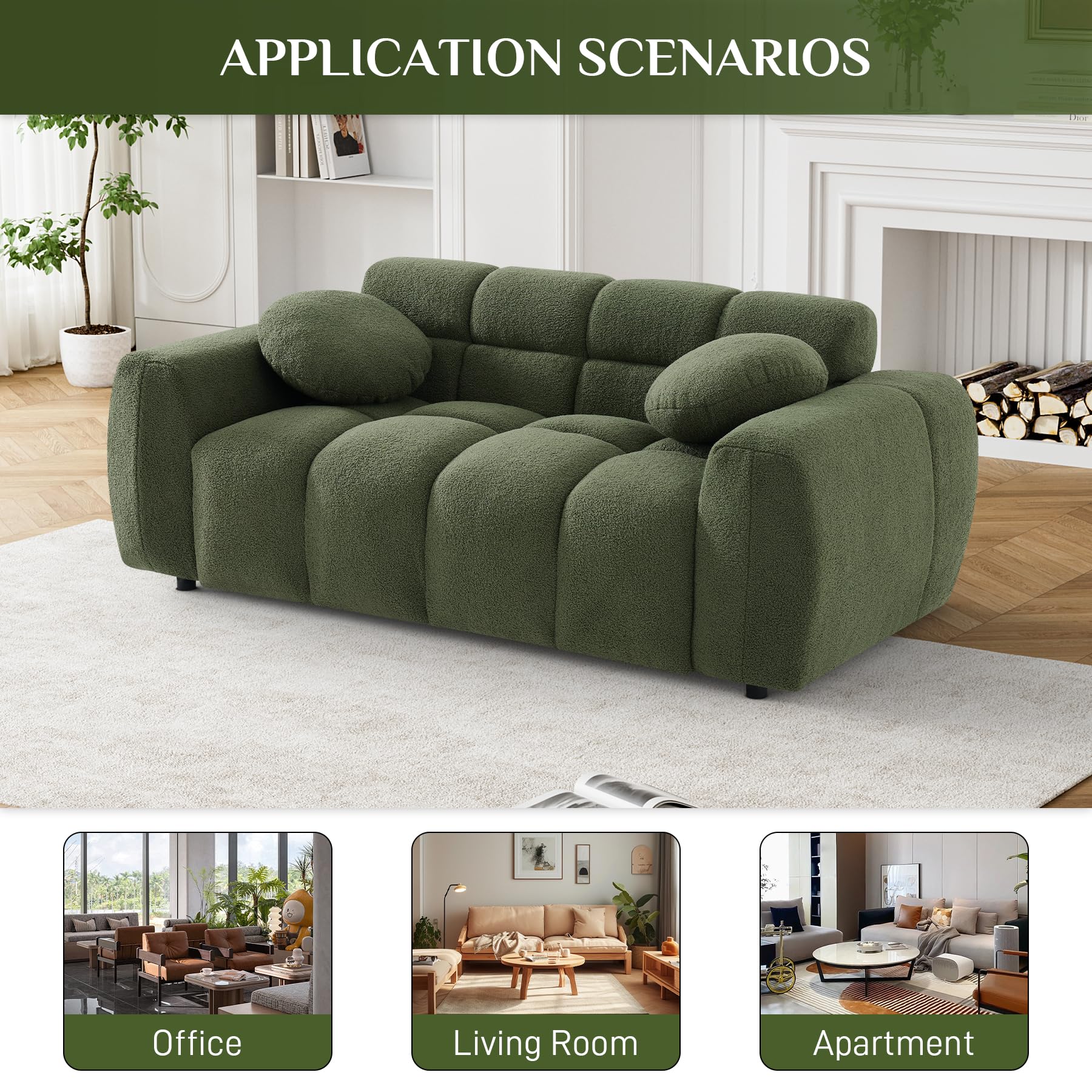 Wrofly Boucle Loveseat Sofa, 64.5" Comfy Tufted Upholstered Sherpa Deep Seat Cloud Couch, Modern Small Cozy Teddy 2 Seater Love Seat with 2 Pillows for Living Room Apartment Bedroom, Olive Green