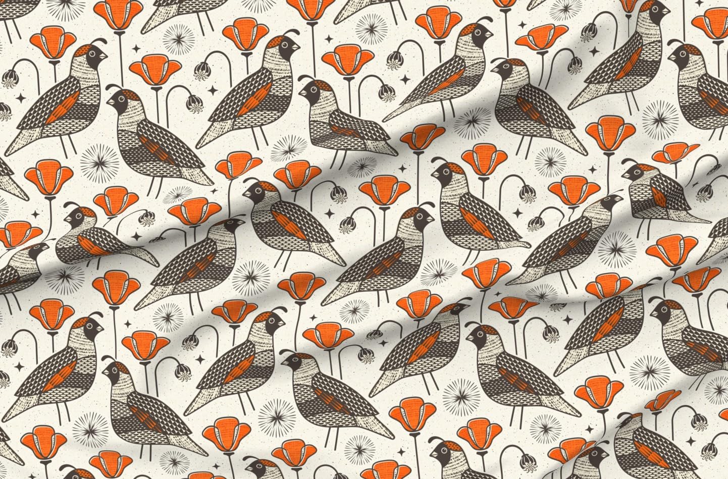 Spoonflower Fabric - Mid Century Quail Mod Floral Poppies Scandi Retro Neutral Bird Orange Printed on Petal Signature Cotton Fabric Fat Quarter - Sewing Quilting Apparel Crafts Decor