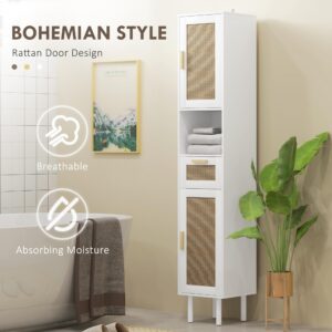 HOMCOM Tall Bathroom Storage Cabinet with Rattan Doors, Freestanding Bathroom Cabinet with Open Shelf, Drawer, Cabinets and Adjustable Shelves for Small Space, White