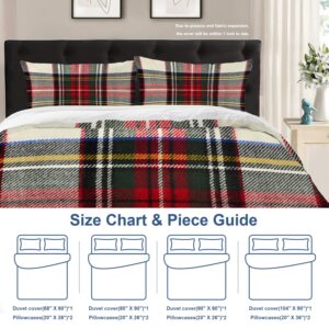 Batmerry Scottish Tartan King Size 3 Pieces Bedding Comforter Cover Sets, Soft Fluffy Green Wool Plaid Symmetric Square Fashion 100% Cotton Printed Duvet Cover for All Season