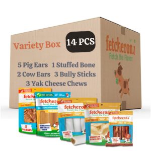 fetcheroni dog treat variety box - variety box consists of 5 pig ears, 3 yak cheese chews, 3 bully sticks, 2 cow ears, and 1 dog bone - long last dog chew treats - all treats are 100% natural