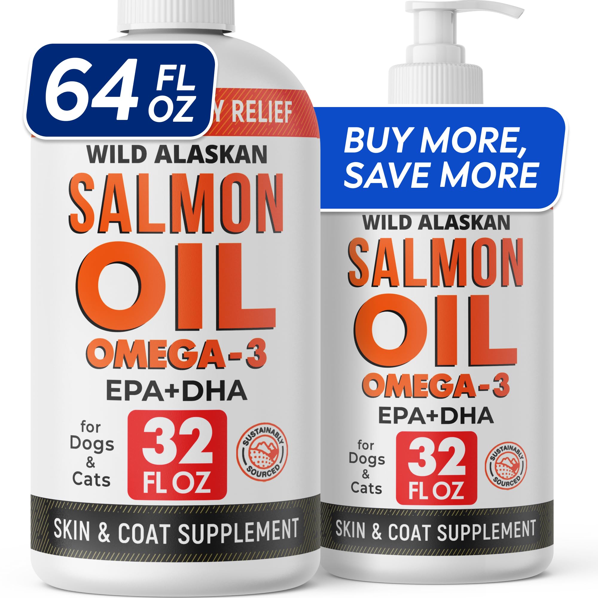 STRELLALAB 64 OZ Wild Alaskan Salmon Oil for Dogs - Omega 3 Fish Oil for Dogs & Cats, Itch & Allergy Relief, Dogs Skin & Coat, Dog Fish Oil Liquid, Shedding Supplement EPA & DHA Fatty Acids - 2 Packs