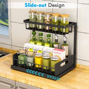 L-Shape Under Sink Organizer 2 Pack, Two Tier Pull Out Kitchen Bathroom Organizers and Storage, Slide Out Sink Shelf Cabinet Storage Shelves, Multi-Purpose Cabinet Organizer Shelf for Home, Black