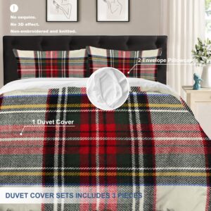 Batmerry Scottish Tartan King Size 3 Pieces Bedding Comforter Cover Sets, Soft Fluffy Green Wool Plaid Symmetric Square Fashion 100% Cotton Printed Duvet Cover for All Season