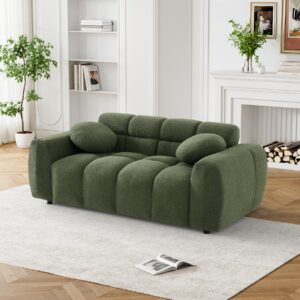 Wrofly Boucle Loveseat Sofa, 64.5" Comfy Tufted Upholstered Sherpa Deep Seat Cloud Couch, Modern Small Cozy Teddy 2 Seater Love Seat with 2 Pillows for Living Room Apartment Bedroom, Olive Green