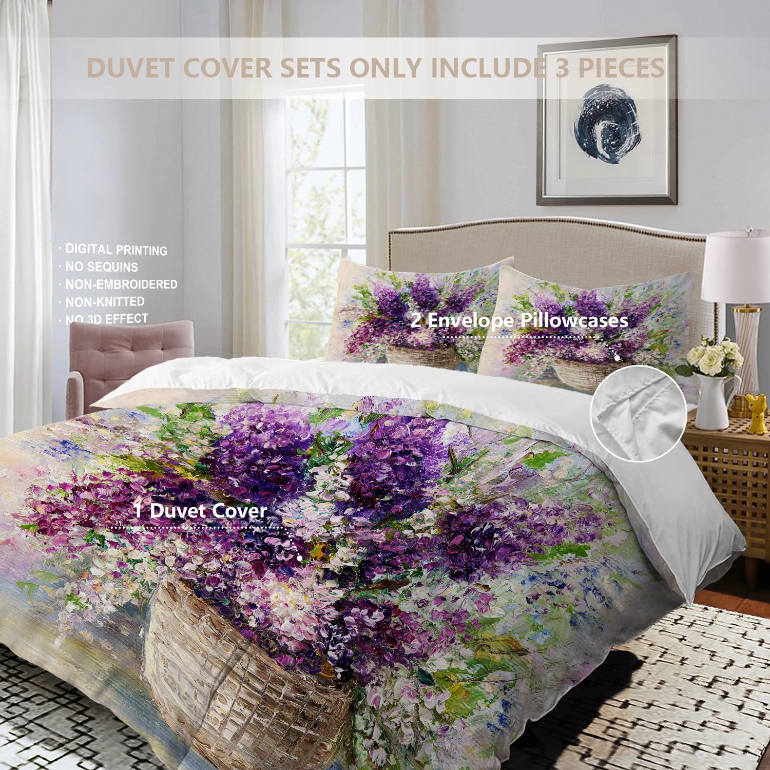 BaoNews Purple Modern Vase Bowl Duvet Cover Set Queen Size, 3 Pieces Original 100% Cotton Bedding Set Hotel Quality Comforter Cover Set with 2 Pillowcases(No Filler)