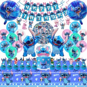 stitch party supplies, 103pcs birthday decorations set include banner, balloons, stickers, hanging swirls, cake cupcake toppers, tablecloth for boys girls stitch theme party