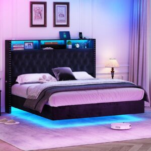 king size bed frame with 59.4'' tall storage headboard, velvet upholstered platform bed frame king with deep button tufted, led bed frame with charging station, pockets, no box spring needed, black