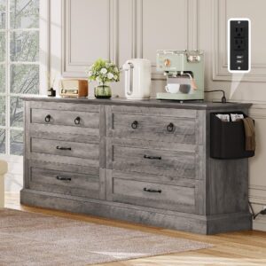 yitahome farmhouse 6 drawers dresser for bedroom, 59" wide wood rustic chest of drawers with nice texture, vintage design, storage dressers organizer for bedroom, living room, hallway, grey