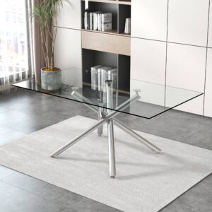 ball & cast 71" modern glass dining table with rectangular tempered tabletop,dinner desk w/silver chrome metal legs,for home,kitchen,dining room,office,silver+clear