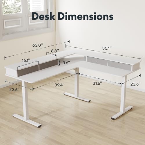 FLEXISPOT L Shaped Standing Desk with Shelf Electric Corner Table, Drawers, Adjustable Computer Workstation for Home, Office,USB Charging Port, 63x55in, White Top + White Frame