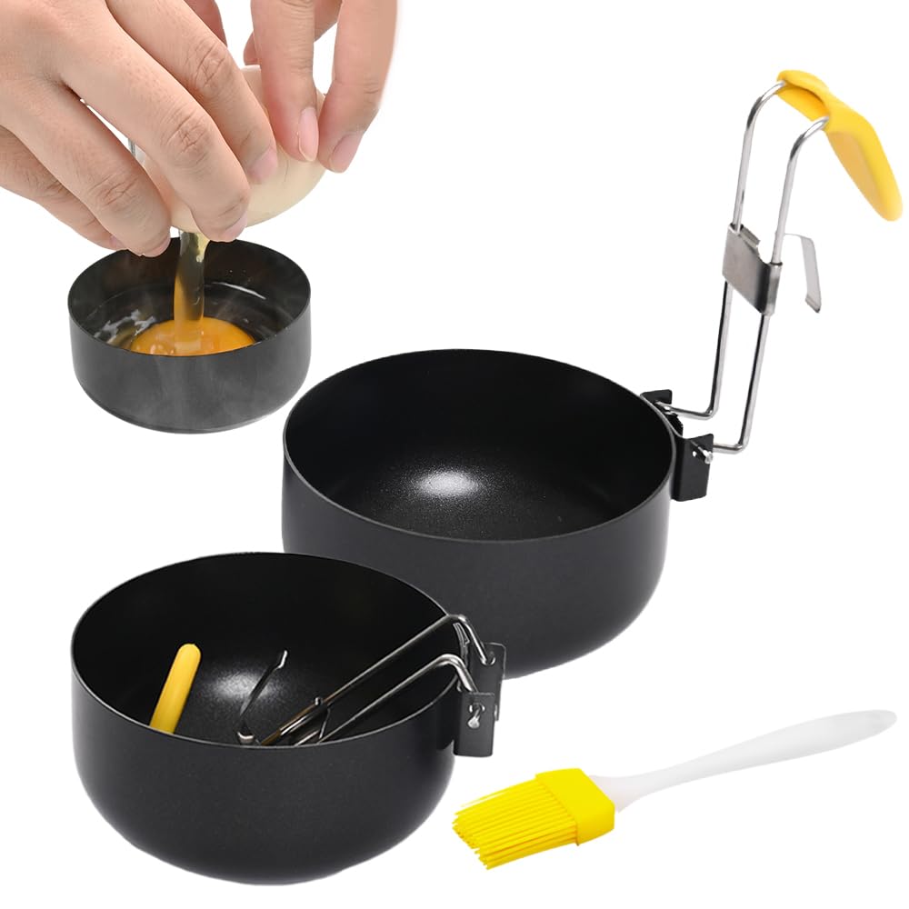 2 Pack Folding Egg Poacher, 2025 New Poached Egg Cooker Nonstick Poached Egg Pan Boiled Eggs Maker Cups, Round Poached Egg Spoon with Oil Brush Convenient Egg Poaching Cooking Tool Kitchen Gadgets (Black*2)