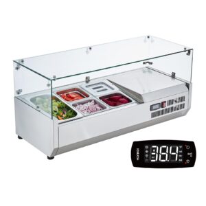 vevor, 130 w countertop refrigerated condiment station, with 1 1/3 4 1/6 pans, 304 stainless body and pc lid, sandwich prep table guard, etl, glass 40in, silver