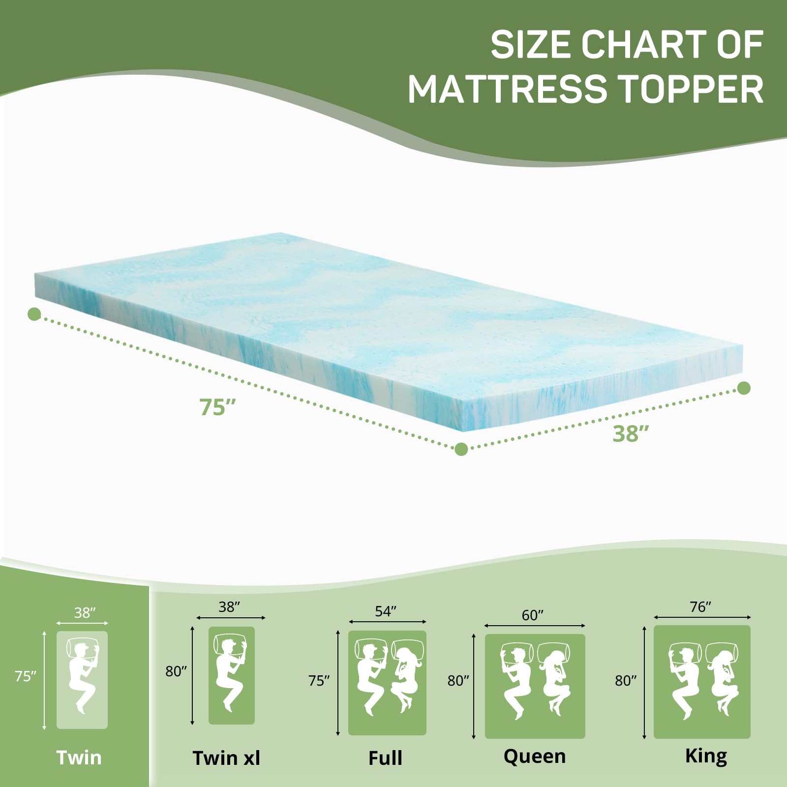 2 Inch Mattress Topper Twin Size, Gel Memory Foam Mattress Pad, CertiPUR-US Certified, Ventilated Bed Topper for Pressure Relief Back Pain, Blue