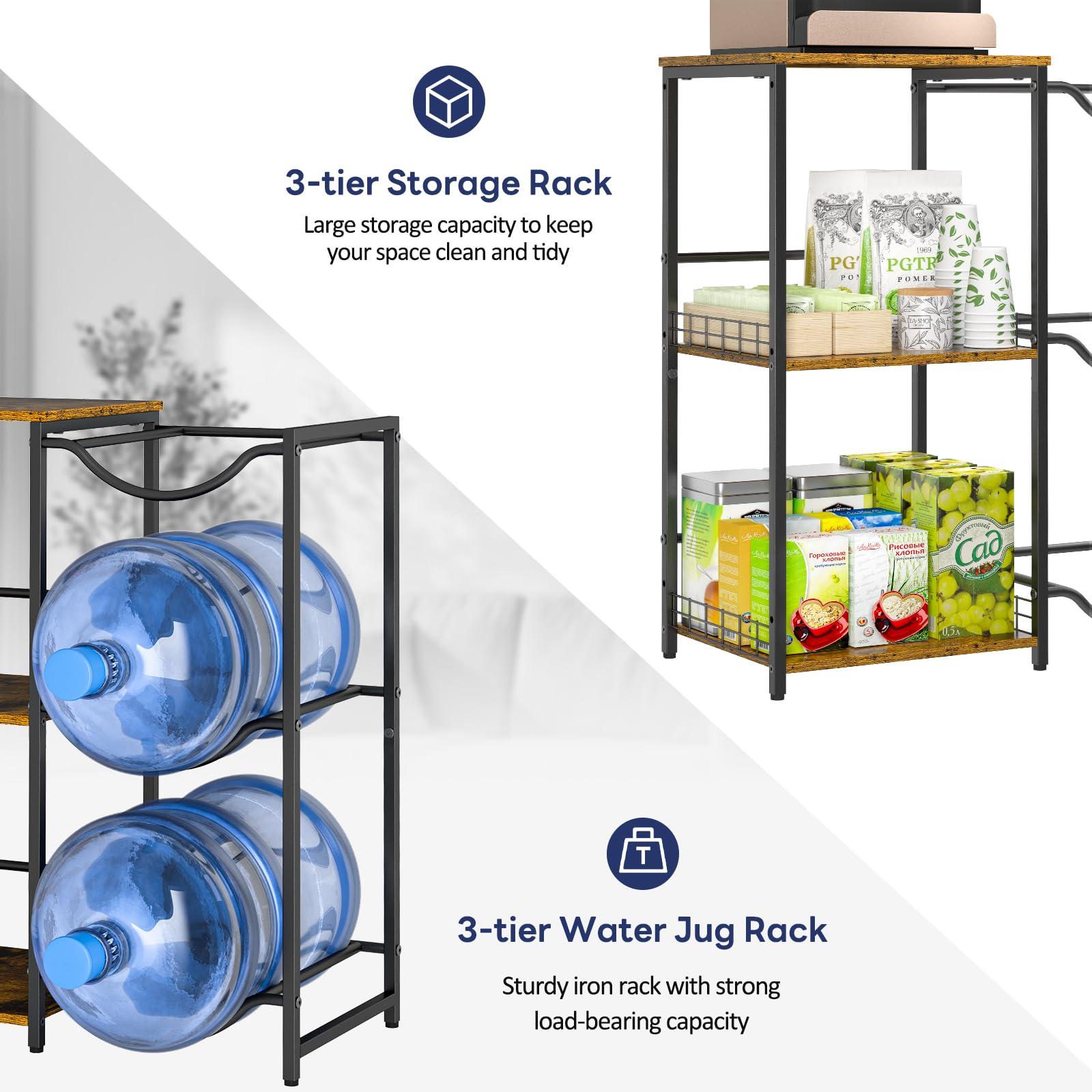 5 Gallon Water Jug Holder, Heavy Duty Water Jug Stand with 3 layers Wood Storage Shelves, 5 Gal Water Bottle Holder Storage Rack with 3-solt Water Cooler Jug Rack for basement/Garage/Office Organizer