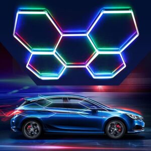 lylunnamsp hexagon garage lights ceiling led, honeycomb lights, rgb hexagon garage light with remote, 6500k, aluminum hexagonal shop lights for gaming room bar party live room,multi colored,5 hex