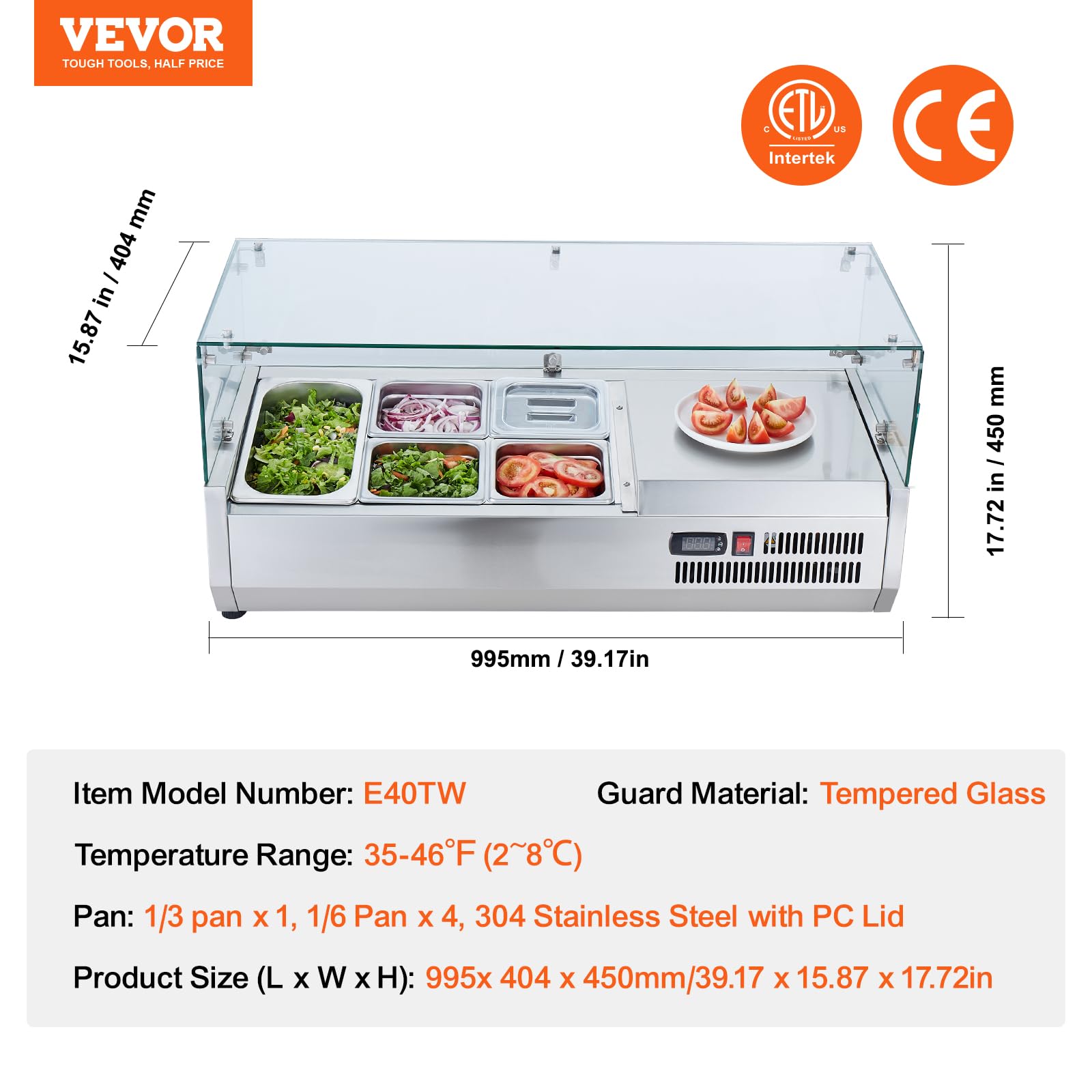 VEVOR, 130 W Countertop Refrigerated Condiment Station, with 1 1/3 4 1/6 Pans, 304 Stainless Body and PC Lid, Sandwich Prep Table Guard, ETL, Glass 40in, Silver