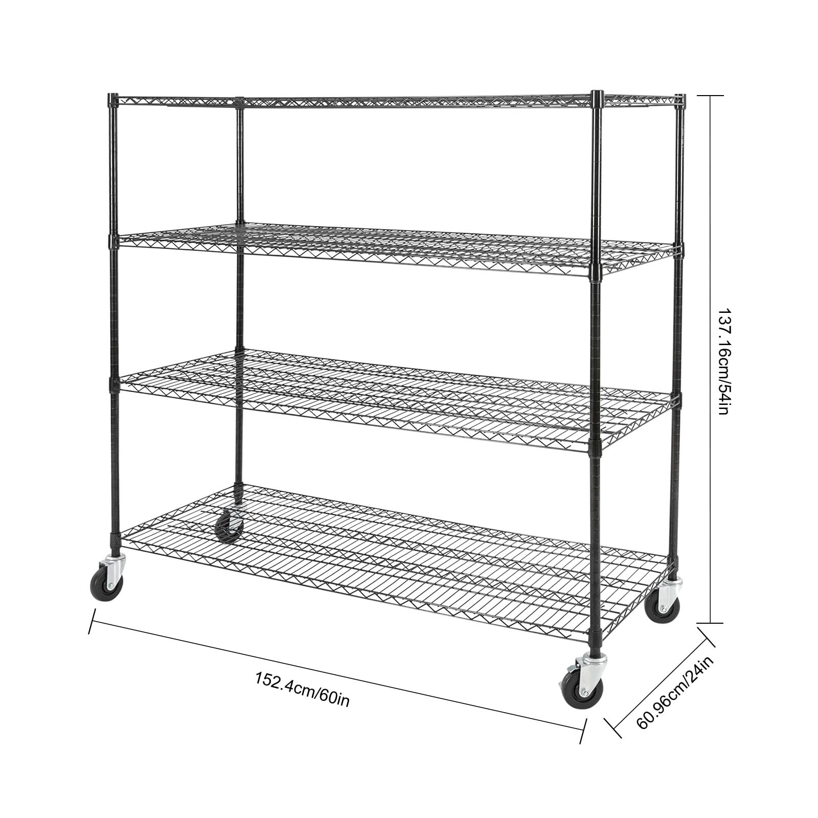 Metal Shelving Unit With Wheels, 4-Tier Wire Shelving, With Four Universal Wheels，Adjustable Support, Freestanding Heavy Duty Metal Wire Storage Shelf Rack For Warehouse, Industrial Or Commercial Etc