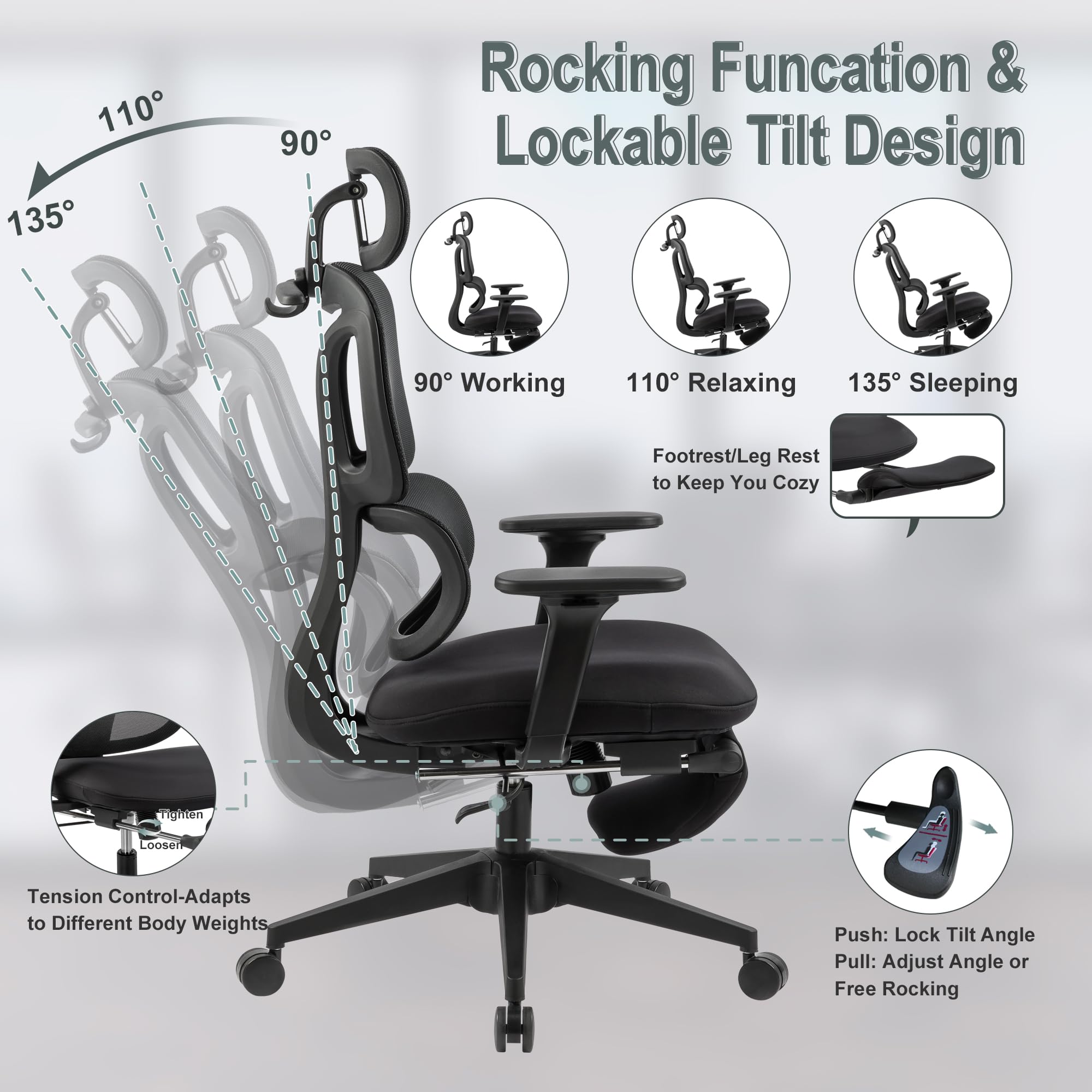 Ergonomic Office Chair with Foot Rest, Coat Hanger, High Back Mesh Computer Chair with Lumbar Support, High Resilience Sponge Seat, Comfy Reclining Home Office Desk Chair, Black