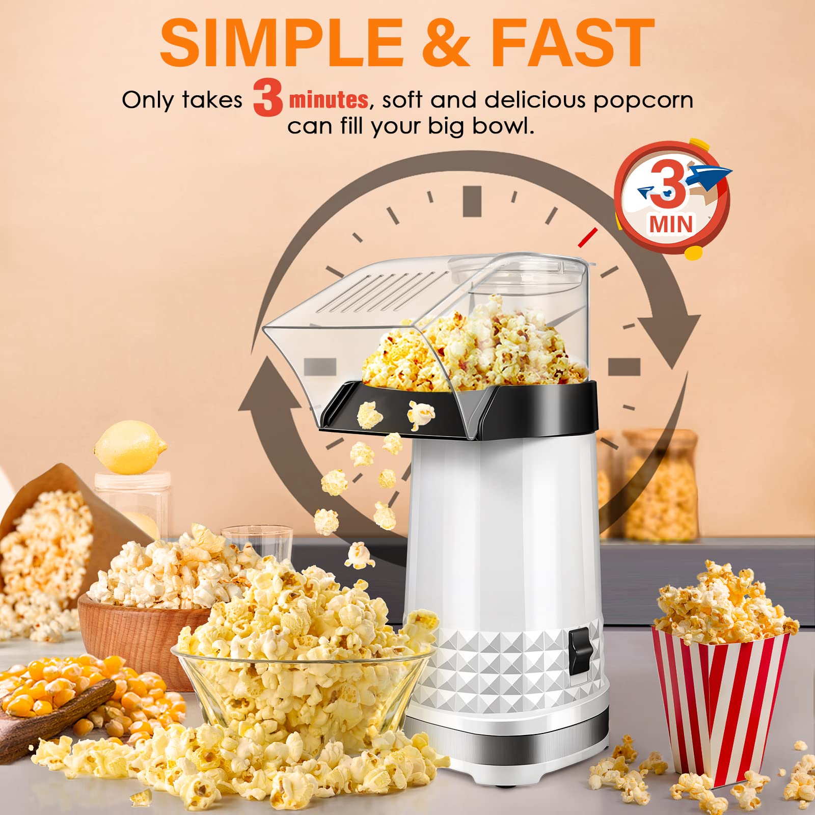 Quick & Easy Hot Air Popcorn Popper Maker with Measuring Cup + Melts Butter, 4.5 Quarts, Etl Certified, 1200W No Oil Electric Popcorn Machine with On/Off Switch, White