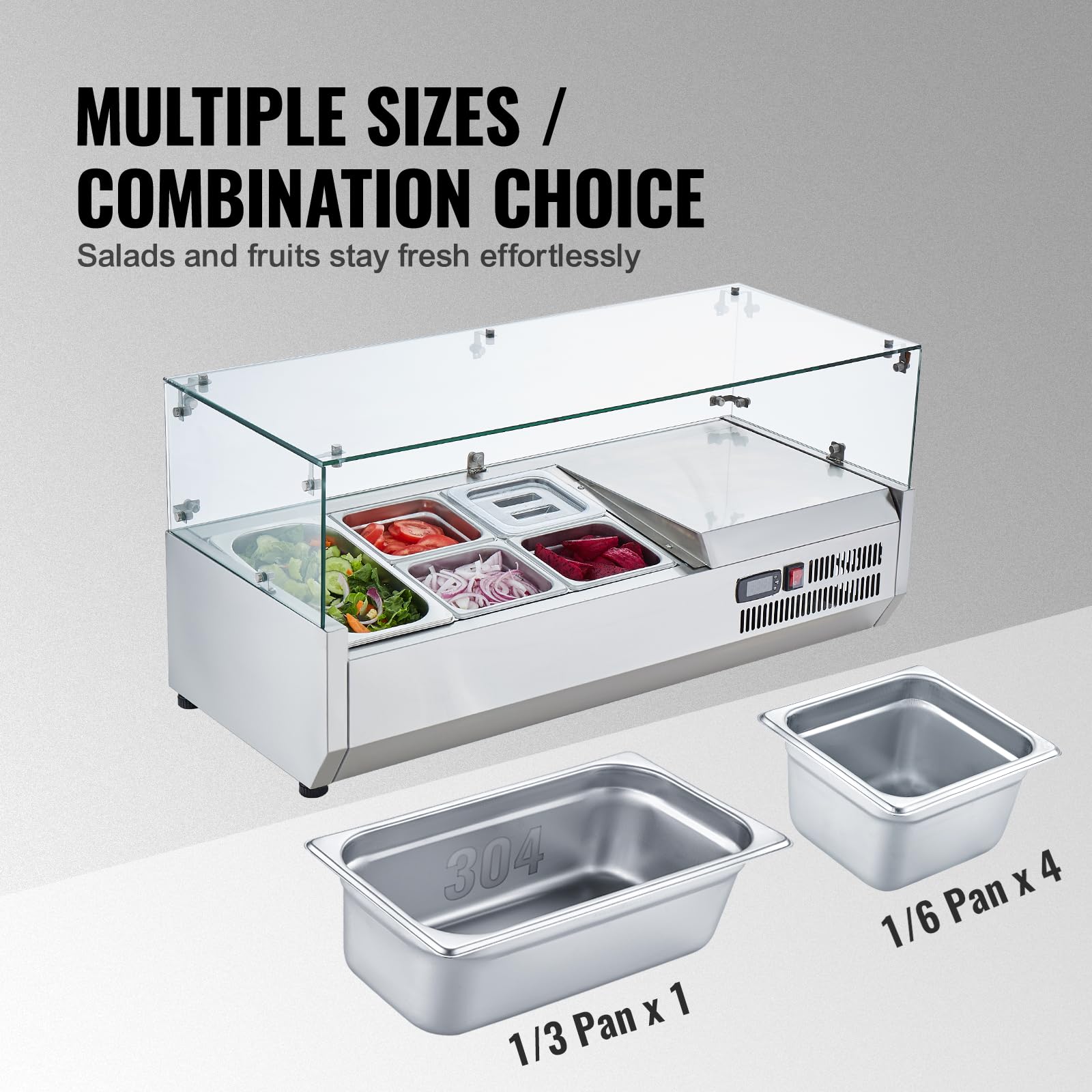 VEVOR, 130 W Countertop Refrigerated Condiment Station, with 1 1/3 4 1/6 Pans, 304 Stainless Body and PC Lid, Sandwich Prep Table Guard, ETL, Glass 40in, Silver