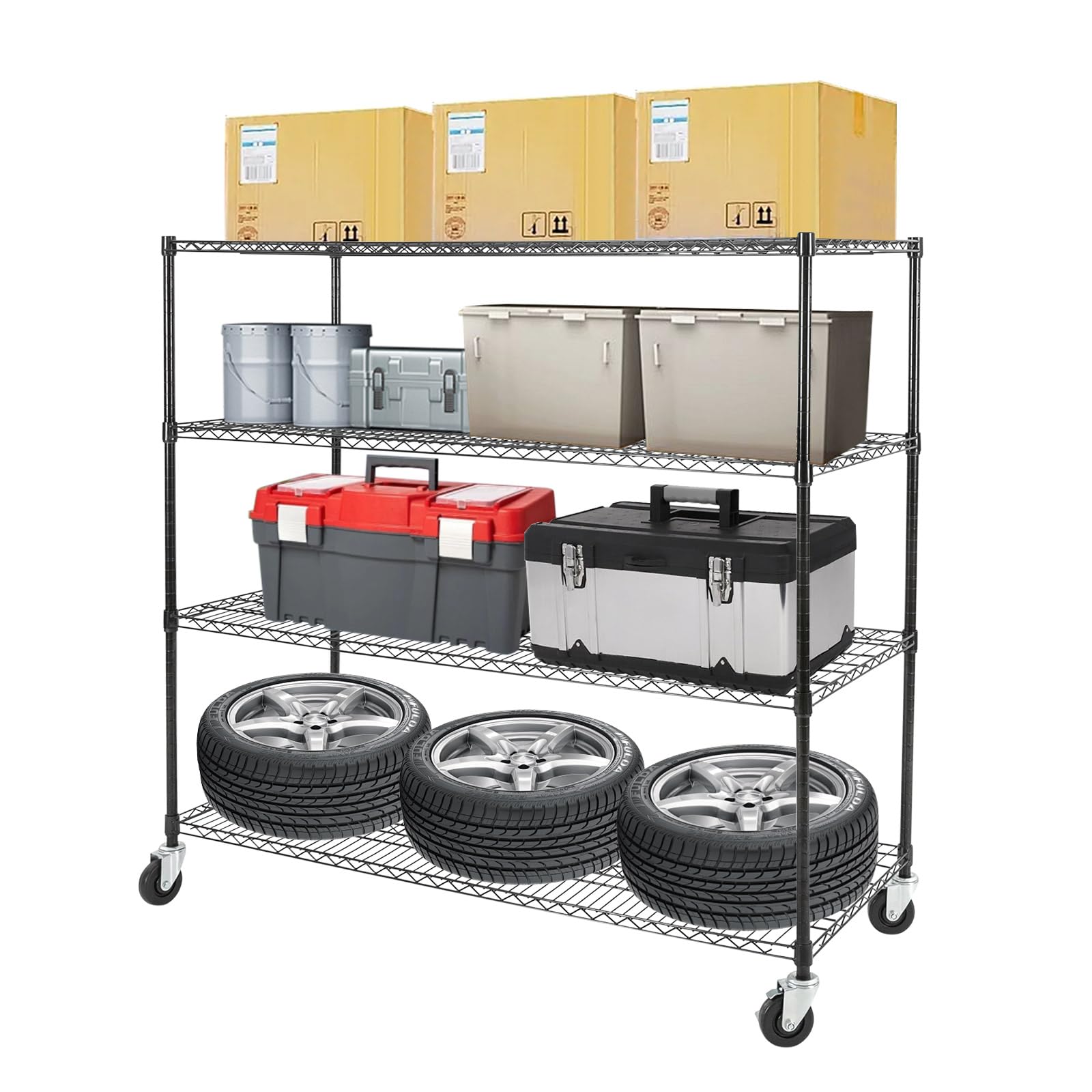 Metal Shelving Unit With Wheels, 4-Tier Wire Shelving, With Four Universal Wheels，Adjustable Support, Freestanding Heavy Duty Metal Wire Storage Shelf Rack For Warehouse, Industrial Or Commercial Etc