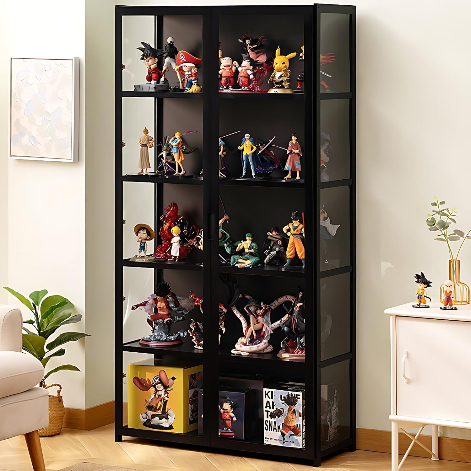 5-Tier Curio Display Cabinet, Storage Shelves with Acrylic Door, Collectibles Toy Organizers Rack & Display Shelf, Display Case for Playroom Bedroom Toddler's Room Kids Bookcase (Black double door)