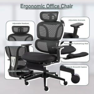 Ergonomic Office Chair with Foot Rest, Coat Hanger, High Back Mesh Computer Chair with Lumbar Support, High Resilience Sponge Seat, Comfy Reclining Home Office Desk Chair, Black