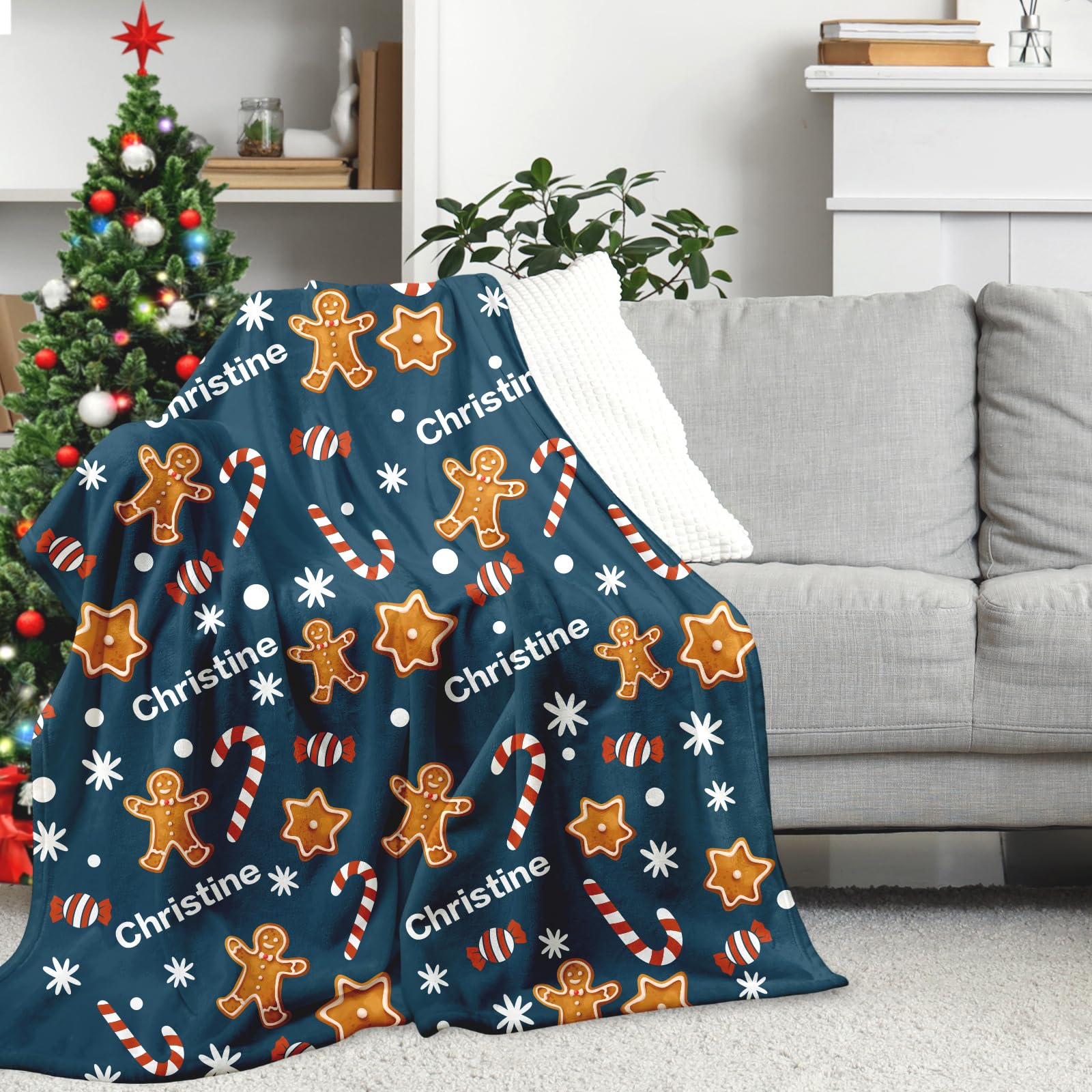 Personalized Christmas Blanket, Custom Name Gingerbread Christmas Throw Blanket for Kids Family, Soft Warm Flannel Xmas Blanket Holiday Blanket for Couch Sofa Bed, Xmas Gifts Christmas Prensent