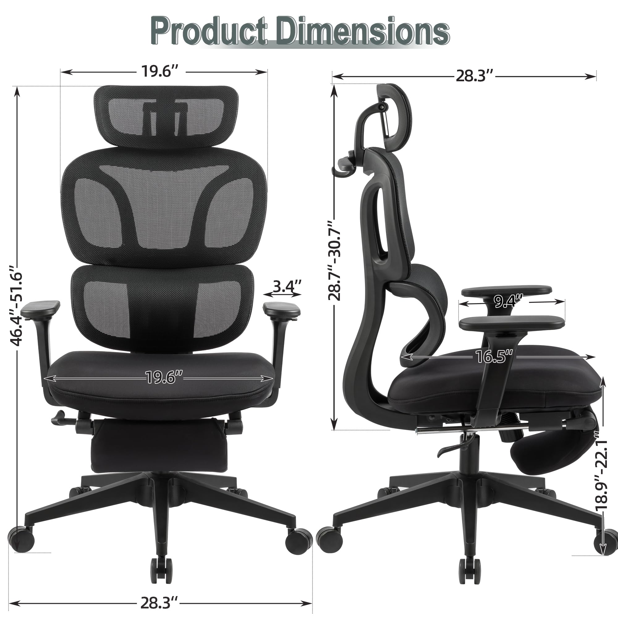 Ergonomic Office Chair with Foot Rest, Coat Hanger, High Back Mesh Computer Chair with Lumbar Support, High Resilience Sponge Seat, Comfy Reclining Home Office Desk Chair, Black