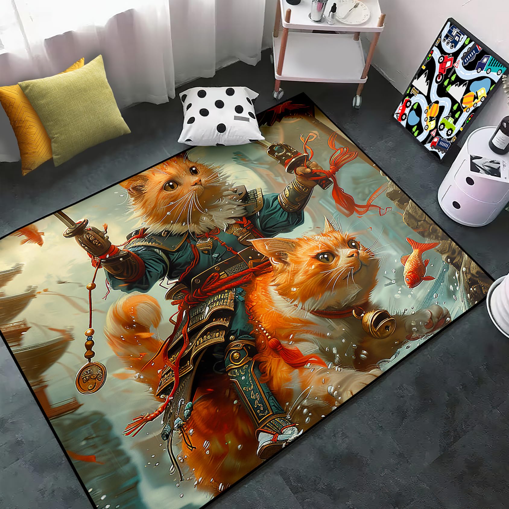 CDIWIDH Cat Rug for Girls Room - Cartoon Cat Carpet for Kids, Funny Cat Riding Cat Print Animal Rug Cat Area Rug for Bedroom Decor Girl Room Rug for Living Room Cat Floor Mats 5x7 Feet