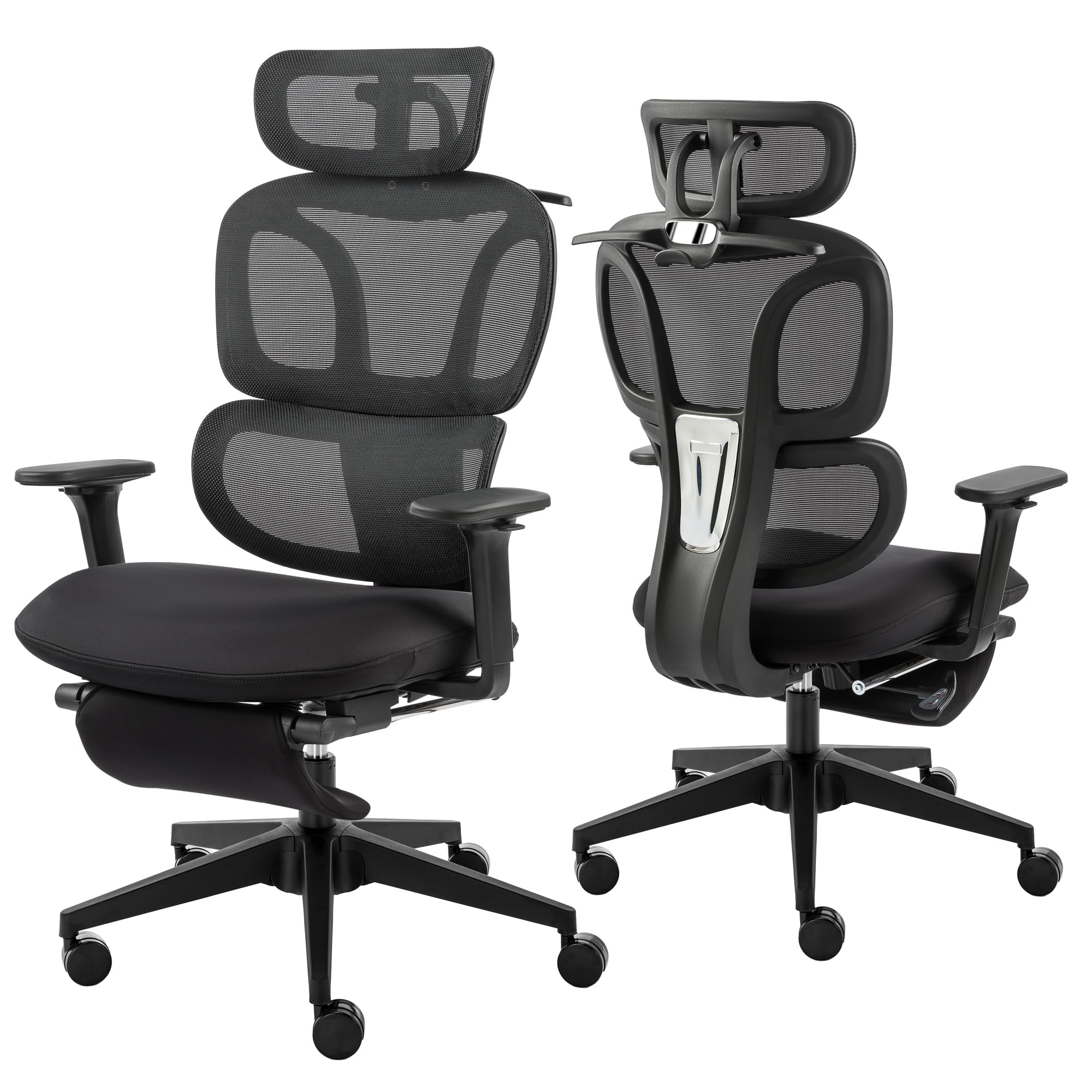 Ergonomic Office Chair with Foot Rest, Coat Hanger, High Back Mesh Computer Chair with Lumbar Support, High Resilience Sponge Seat, Comfy Reclining Home Office Desk Chair, Black