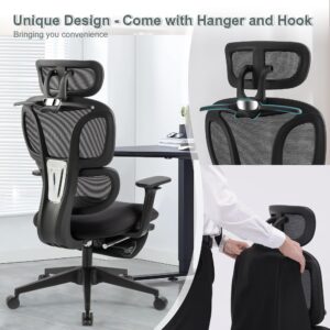 Ergonomic Office Chair with Foot Rest, Coat Hanger, High Back Mesh Computer Chair with Lumbar Support, High Resilience Sponge Seat, Comfy Reclining Home Office Desk Chair, Black