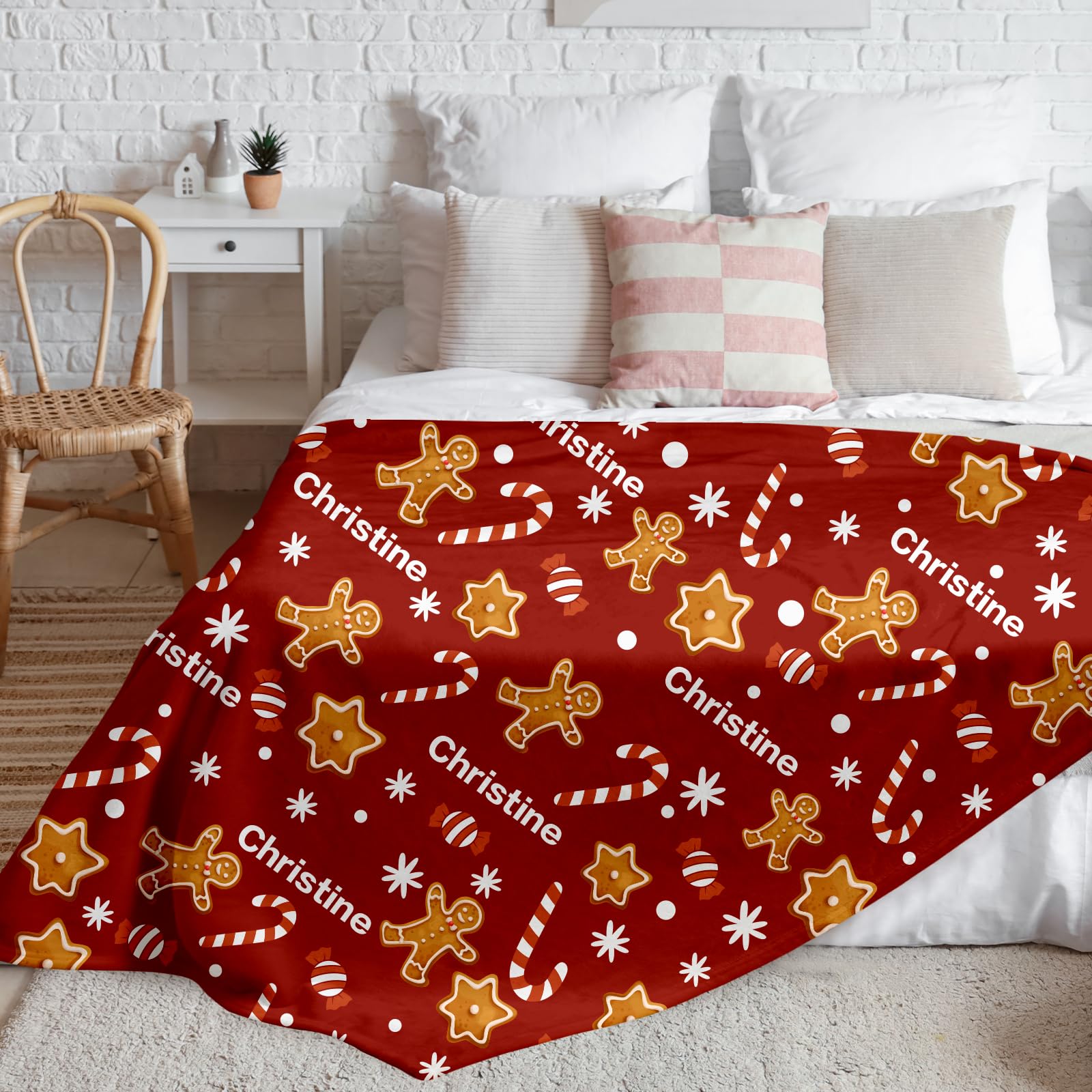 Personalized Christmas Blanket, Custom Name Gingerbread Christmas Throw Blanket for Kids Family, Soft Warm Flannel Xmas Blanket Holiday Blanket for Couch Sofa Bed, Xmas Gifts Christmas Prensent