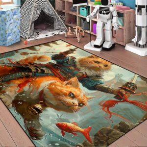 CDIWIDH Cat Rug for Girls Room - Cartoon Cat Carpet for Kids, Funny Cat Riding Cat Print Animal Rug Cat Area Rug for Bedroom Decor Girl Room Rug for Living Room Cat Floor Mats 5x7 Feet