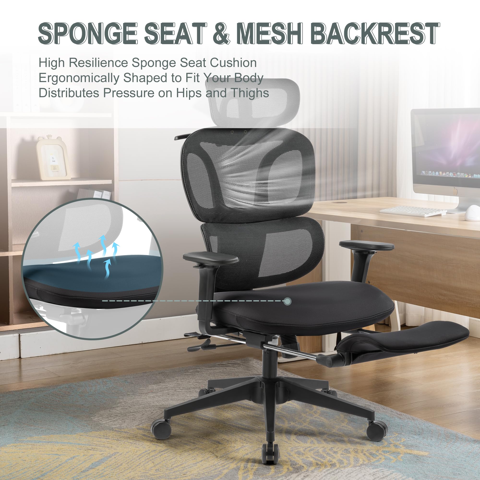 Ergonomic Office Chair with Foot Rest, Coat Hanger, High Back Mesh Computer Chair with Lumbar Support, High Resilience Sponge Seat, Comfy Reclining Home Office Desk Chair, Black