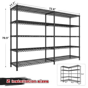 REIBII 72.81" W Storage Shelves 70.91" H Wire Shelving Unit Load 1600LBS 5 Tier Metal Shelving for Storage Rack Heavy Duty Metal Shelves for Garage Pantry Kitchen Warehouse