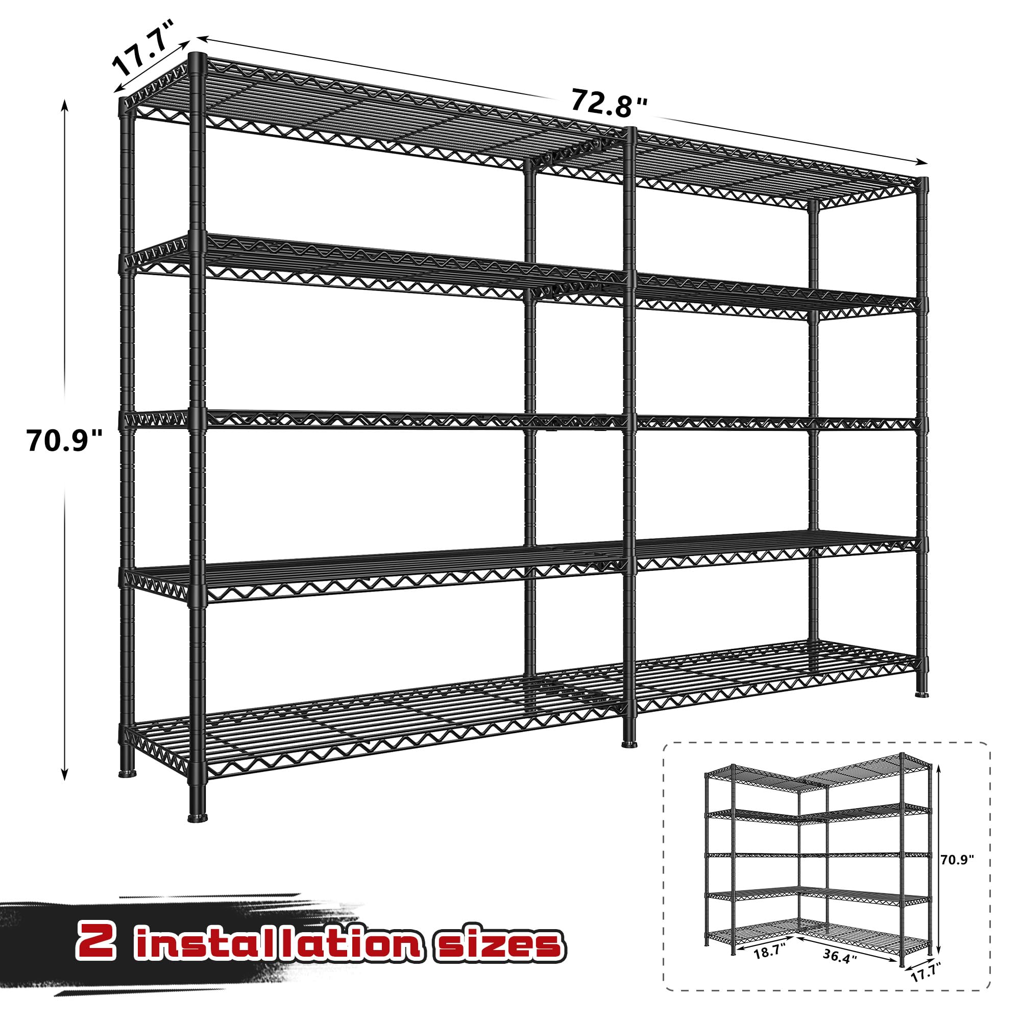 REIBII 72.81" W Storage Shelves 70.91" H Wire Shelving Unit Load 1600LBS 5 Tier Metal Shelving for Storage Rack Heavy Duty Metal Shelves for Garage Pantry Kitchen Warehouse