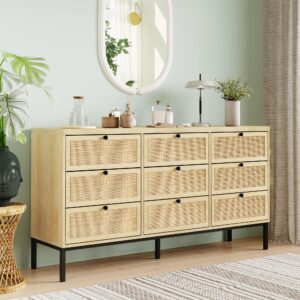 yechen natural rattan 9 drawer dresser, 59" wide light wood chest of drawers, large boho oak dressers with smooth metal slides, mid-century dresser tv stand drawer organizer for bedroom nursery closet