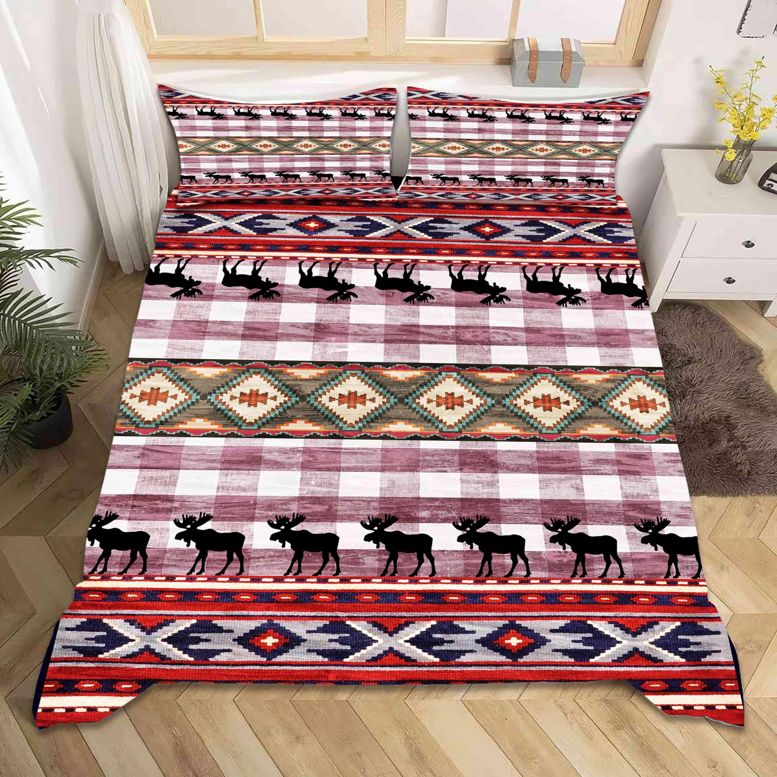 Rustic Deer Duvet Cover Set Queen, Country Lodge Cabin Red Buffalo Plaid Moose Animal Themed Bedding Set, Decorative 4 Piece Set With 2 Pillowcases 1 Sheet for Kids Adults Teens Bedroom Decor