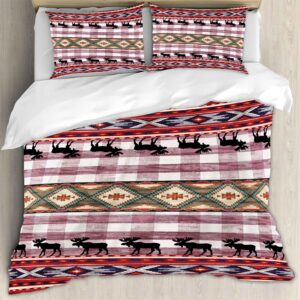 Rustic Deer Duvet Cover Set Queen, Country Lodge Cabin Red Buffalo Plaid Moose Animal Themed Bedding Set, Decorative 4 Piece Set With 2 Pillowcases 1 Sheet for Kids Adults Teens Bedroom Decor