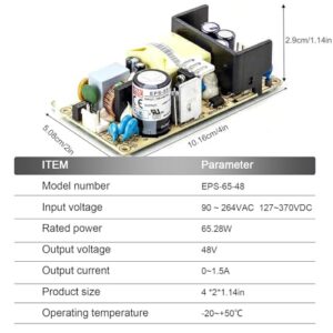 TorqCali EPS-65-48 65W Single Output Switching Power Supply 48V 1.36A, 90% Efficiency, Universal AC Input, Industrial Grade, for Telecom, Industrial Automation, and Test Equipment